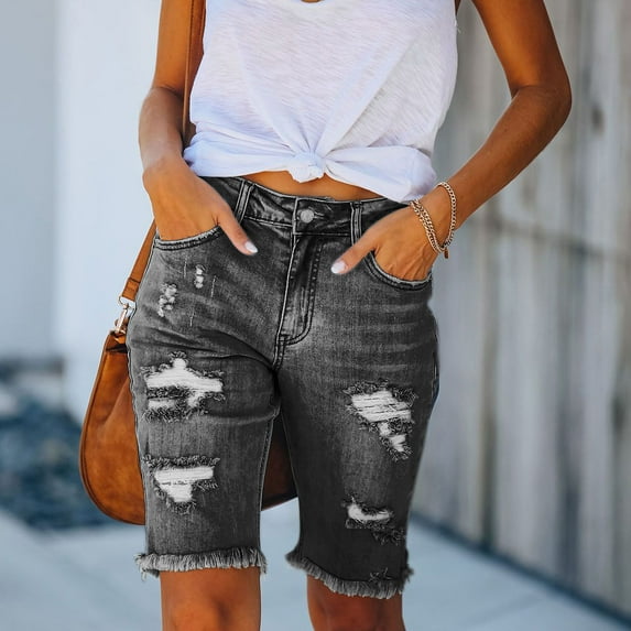 Button Fly Denim Shorts Dgankt Women's Stretchy Hole Breaking Skinny Pants Shorts High Waisted Hole Breaking Jeans On Clearance