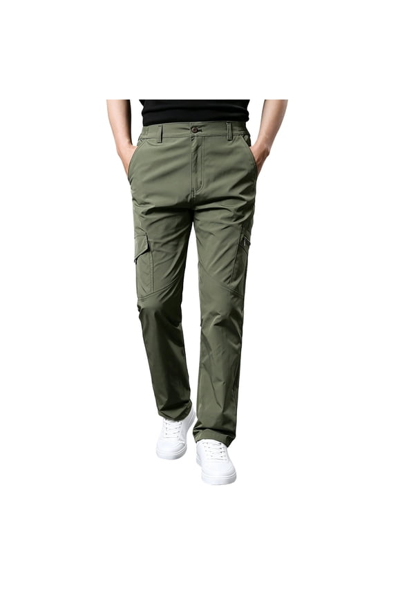 Button Fly Elastic Waist Multi Pocket Quick Dry Outdoor Trek Pants for men, Spring Autumn Solid Straight Casual Cargo Trousers
