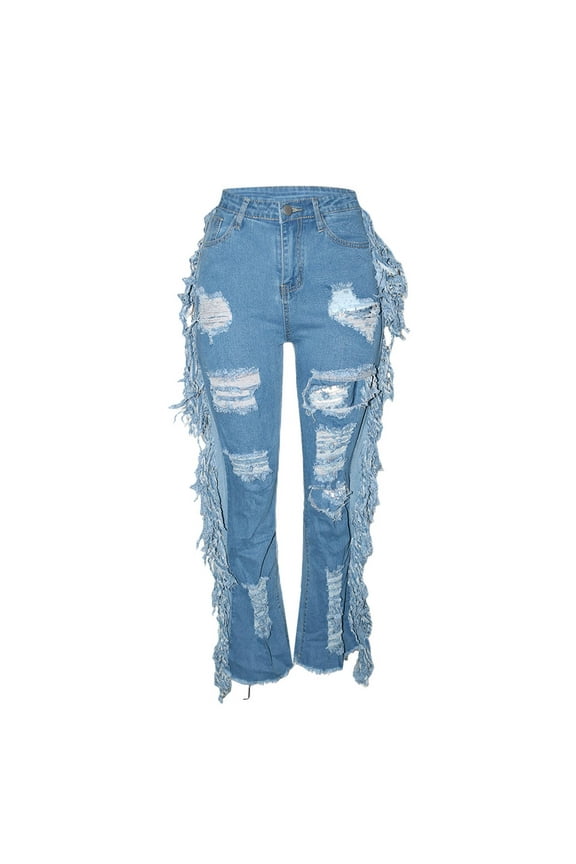Button Fly Jeans for Women Fringed Denim Trousers Light Washed Ripped Jeans Streetwear Pants Stretch Jeans Boot Cut