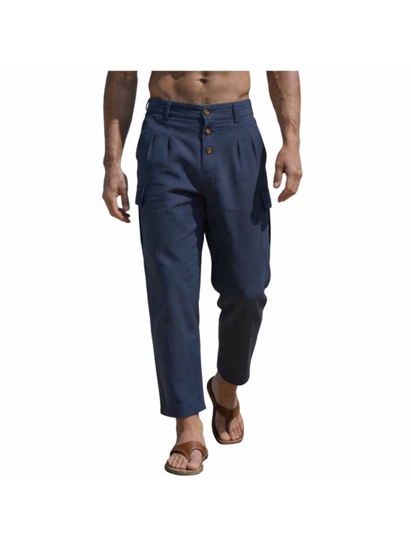 Button Fly Linen Blend Ankle Cargo Pants for men, Solid Breathable Multi Side Pocket Casual Trousers