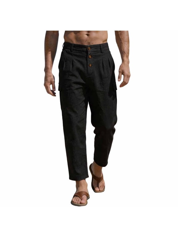 Button Fly Linen Blend Ankle Cargo Pants for men, Solid Breathable Multi Side Pocket Casual Trousers