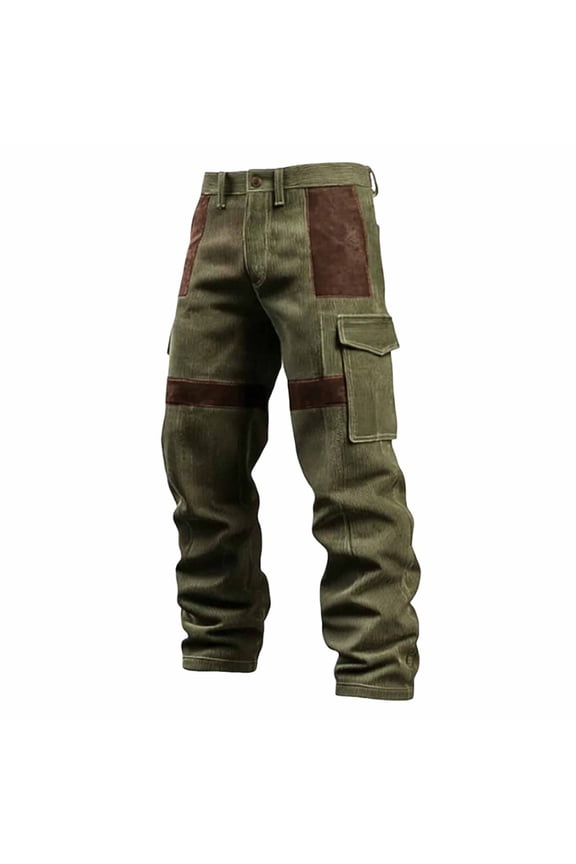 Button Fly Spliced Corduroy Cargo Straight Pants for men, Solid Multi Patch Pocket Retro Street Long Trousers
