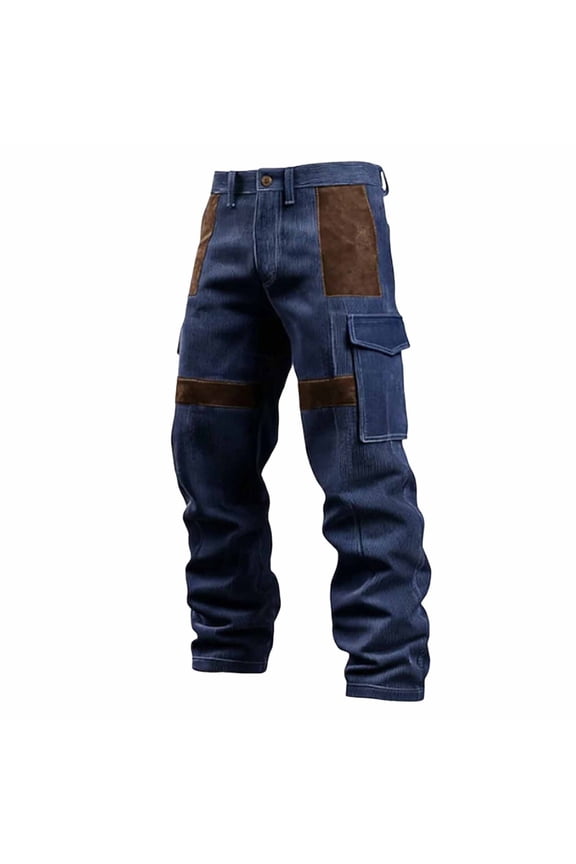 Button Fly Spliced Corduroy Cargo Straight Pants for men, Solid Multi Patch Pocket Retro Street Long Trousers