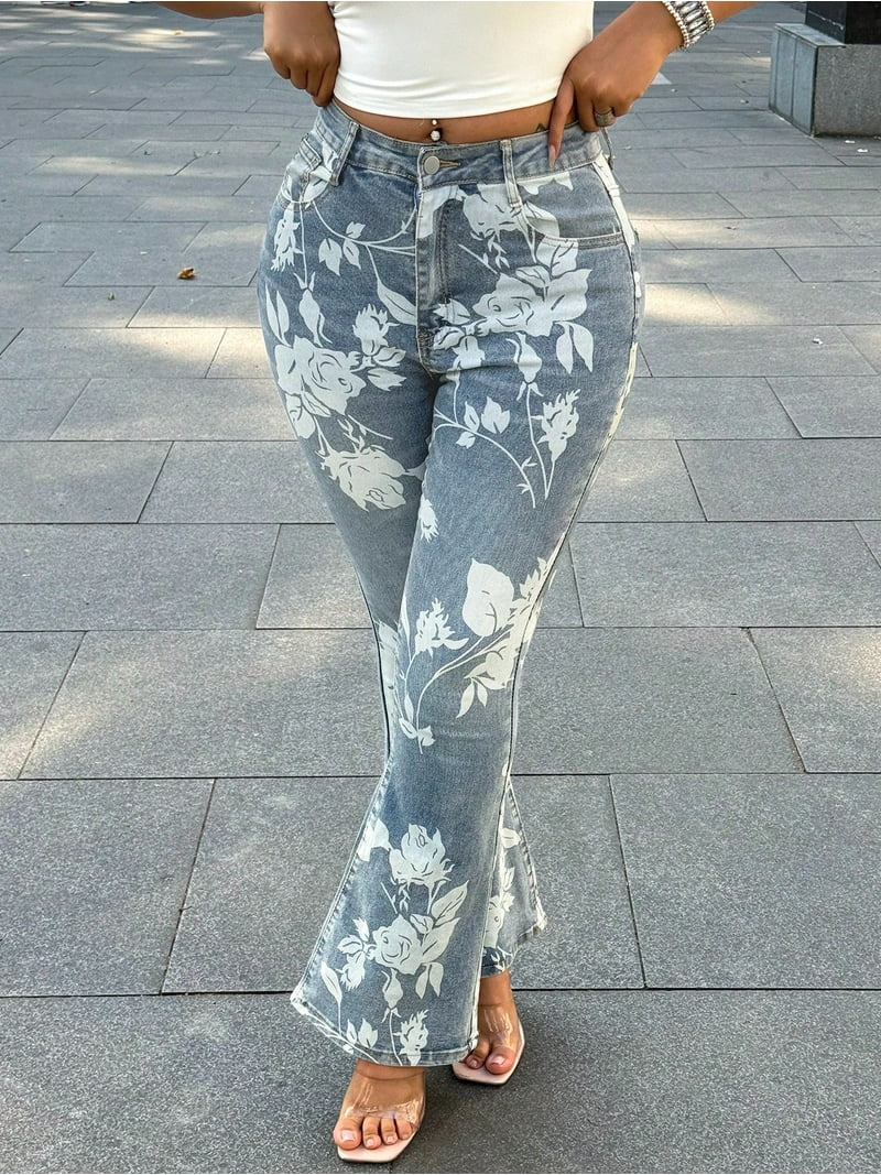 Button Fly Women's Flower Printed Flare Jeans Women's High Waisted