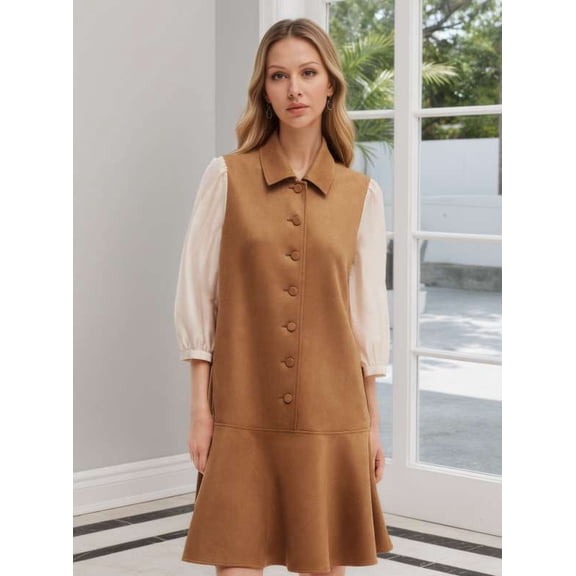 Button-Front Dress with White Sleeve Detail (M, Beige)