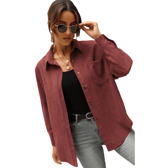 Button Front Drop Shoulder Corduroy Blouse