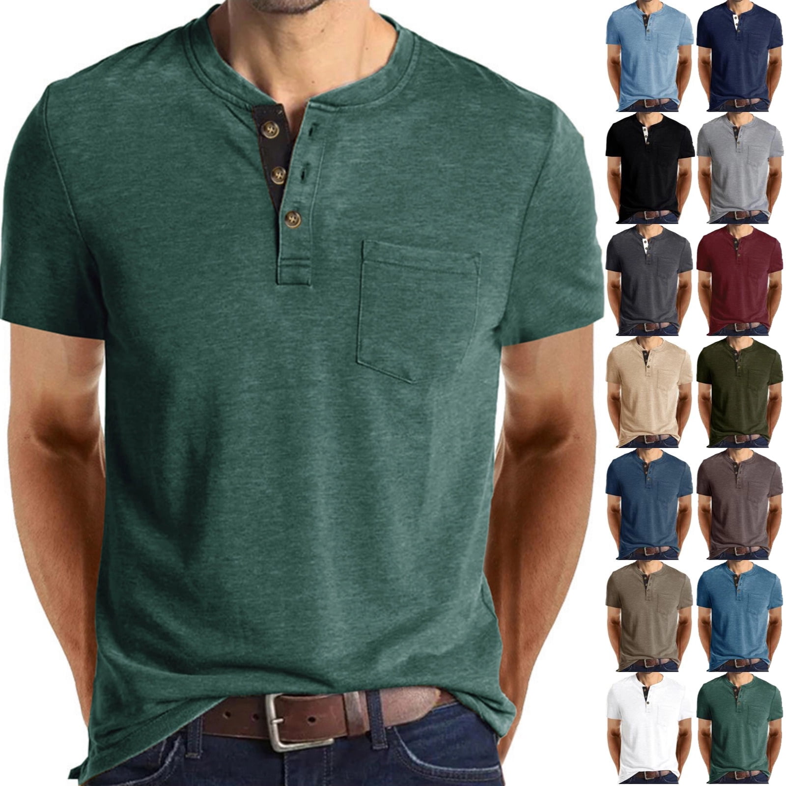 Button Front Henley Shirt for Men Short Sleeve Classic Fit Top Solid ...