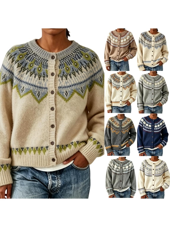Button Front Knit Cardigan for Women Long Sleeve Fair Isle Pattern Crew Neck Sweater Cardigan Vintage Nordic Style Casual Fall Winter