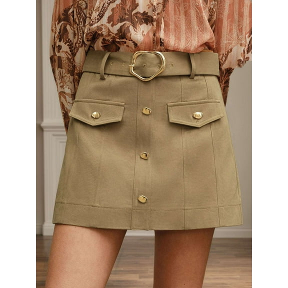 Button-Front Mini Skirt (M, Beige)
