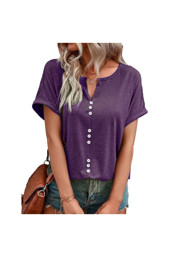 Button-Front, Short Sleeves, Breathable Casual Style, Size S V-Neck Purple Summer T-Shirt Bienvenido