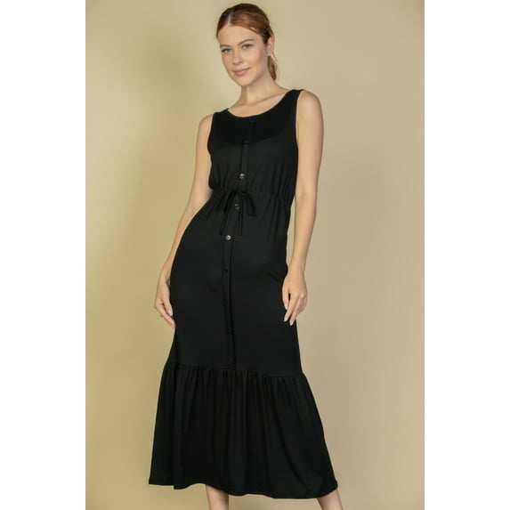 Button Front Tie Waist Sleeveless Maxi Dress