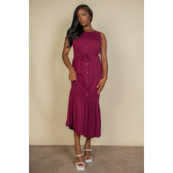 Button Front Tie Waist Sleeveless Maxi Dress