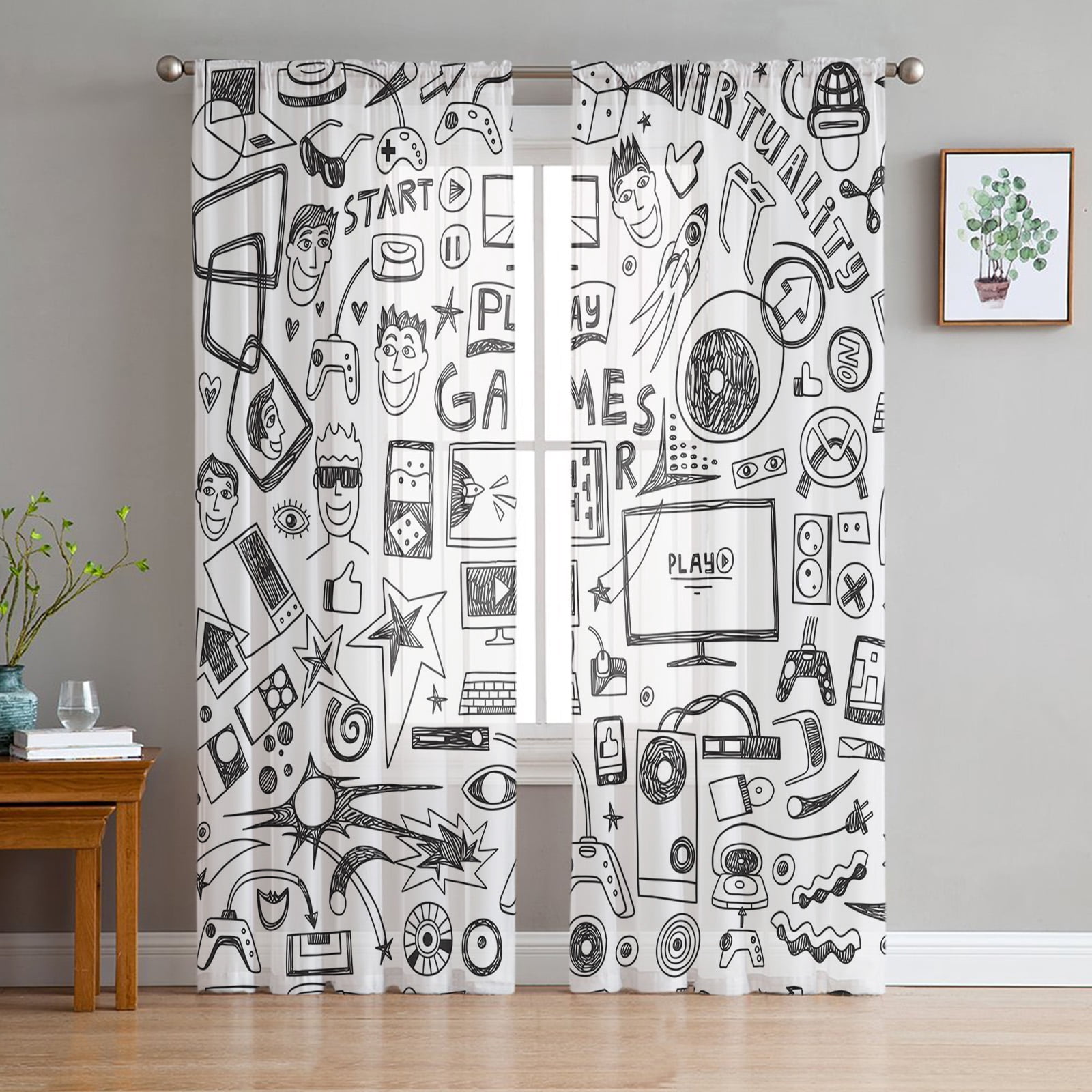 Button Game Keyboard Gamepad Sheer Curtain for Living Room Bedroom