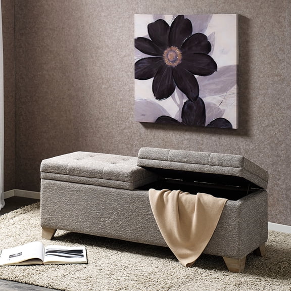 Button- Grey Storage Bench With Solid Wood And Plywood Frame Upholstered Components Lid