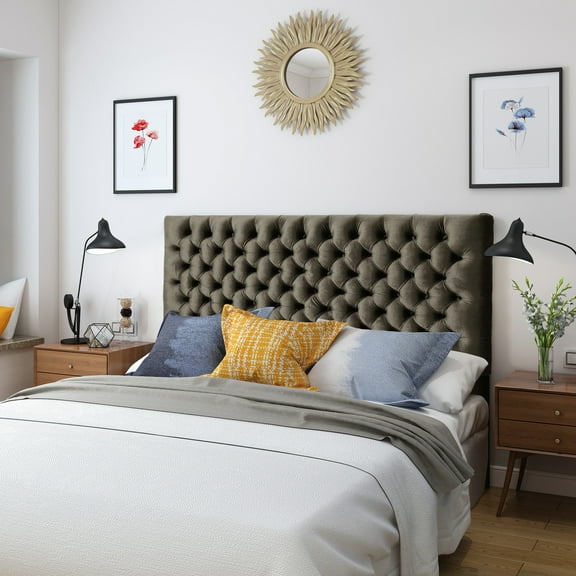 Button- Grey Velvet Headboard, Ideal For A Refined Bedroom Headboard With Contemporary Design And Adjustable Height Options