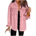 thumbnail image 1 of Button Down Jean Shirts for Women Distressed Plus Size Shacket Jacket Casual Long Sleeve Denim Fringe Hem Lightweight Long Cardigan Loose Ripped Frayed Pink XL, 1 of 6