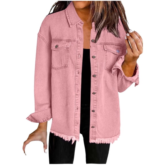 Button Down Jean Shirts for Women Distressed Plus Size Shacket Jacket Casual Long Sleeve Denim Fringe Hem Lightweight Long Cardigan Loose Ripped Frayed Pink XL