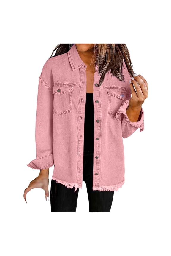 Button Down Jean Shirts for Women Distressed Plus Size Shacket Jacket Casual Long Sleeve Denim Fringe Hem Lightweight Long Cardigan Loose Ripped Frayed Pink XXL