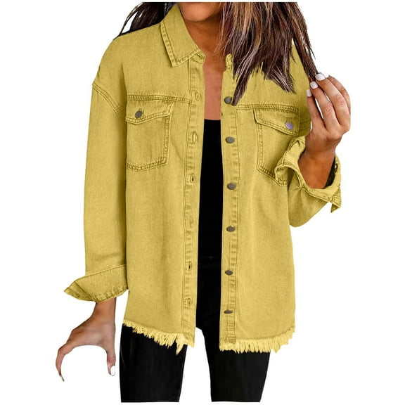 Button Down Jean Shirts for Women Distressed Plus Size Shacket Jacket Casual Long Sleeve Denim Fringe Hem Lightweight Long Cardigan Loose Ripped Frayed Yellow L
