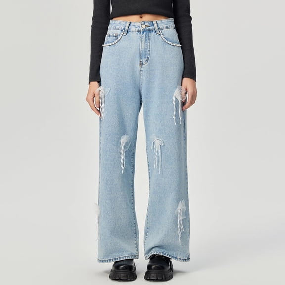 Button Jeans for Women Women Teen Girls High Waist Wide Leg Cute Jeans Soft Straight Denim Pant Solid Color Fashion Comfy Long Trousers with Pockets Blue XL