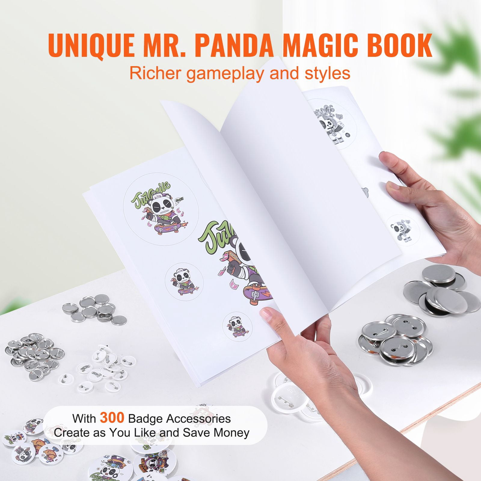Button Maker, 1/1.25/2.28 inch(25/32/58mm) 3-IN-1 Pin Maker, with 300pcs Button Parts, Button Maker Machine with Panda Magic Book, Ergonomic Arc Handle Punch Press Kit, For Children DIY Gifts