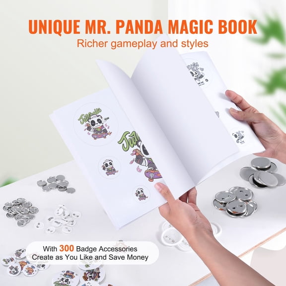 Button Maker, 1/1.25/2.28 inch(25/32/58mm) 3-IN-1 Pin Maker, with 300pcs Button Parts, Button Maker Machine with Panda Magic Book, Ergonomic Arc Handle Punch Press Kit, For Children DIY Gifts