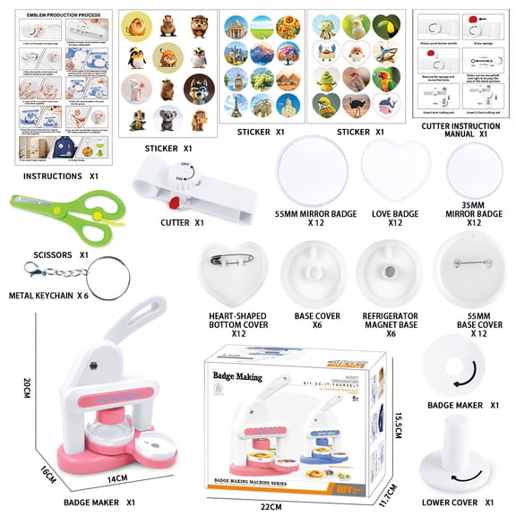 Button Maker Machine, 1 Set Pin Maker Machine with 36 Button Parts 2 Sizes and Heart Shape, Button Press Machine for DIY Crafts, Button Making Supplies for Home Crafting Gift