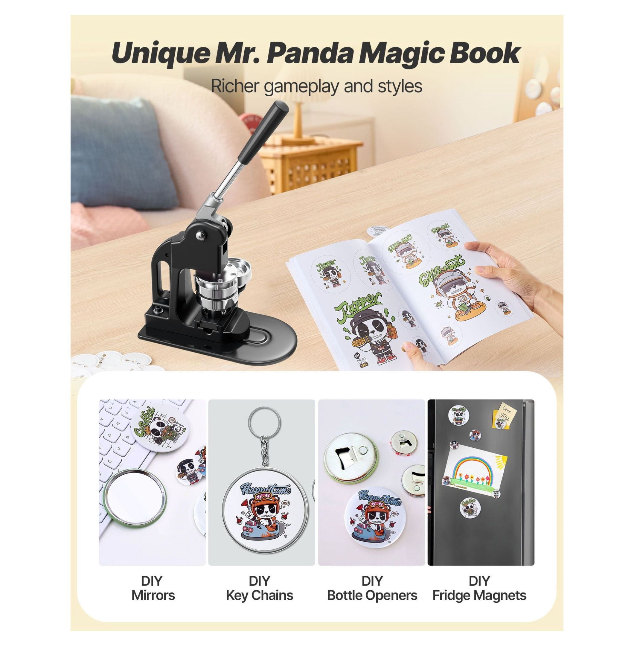Button Maker Machine 2.25 inch - Pin Maker Kit with 500 Parts - DIY Badge, Pin & Keychain Maker - Circle Cutter & Wrenches Included - Black