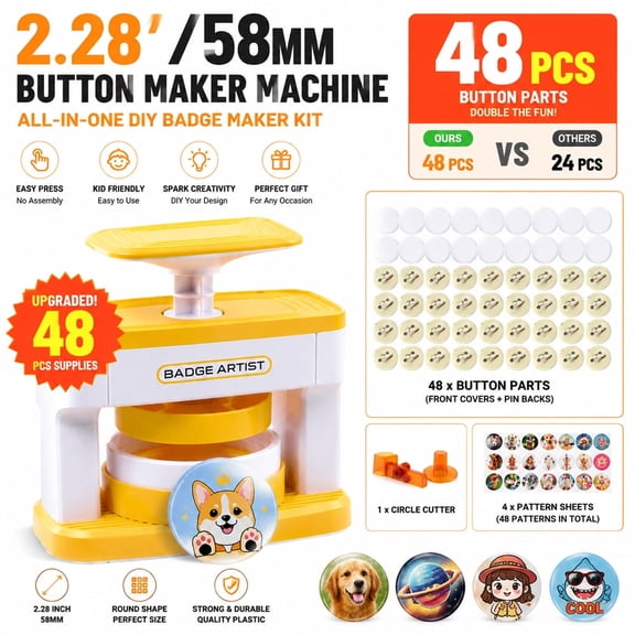 Button Maker Machine, 58mm 2.28 Inch Badge Maker Kit, Metal Pin Button Machine with 48Pcs Supplies & Circle Cutter, Solid Pattern, Yellow