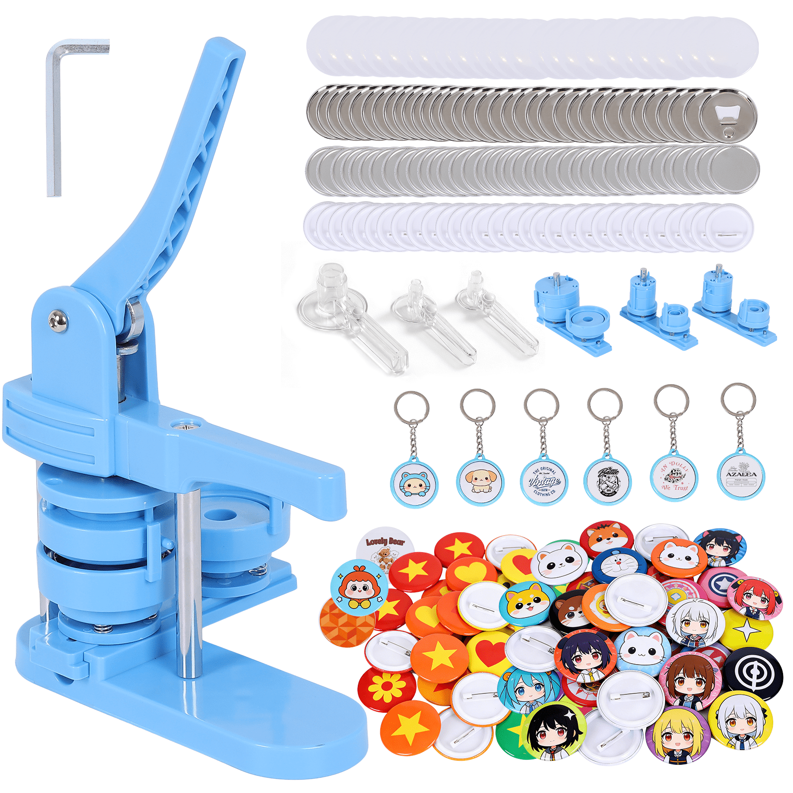 Button Maker Machine, 3 Sizes (2.28", 1.25", 1") Badge Punch Press Kit with 500 Button Parts, 15 Bottle Openers, 15 Magnets, 15 Keychains & 3 Circle Cutters, Blue
