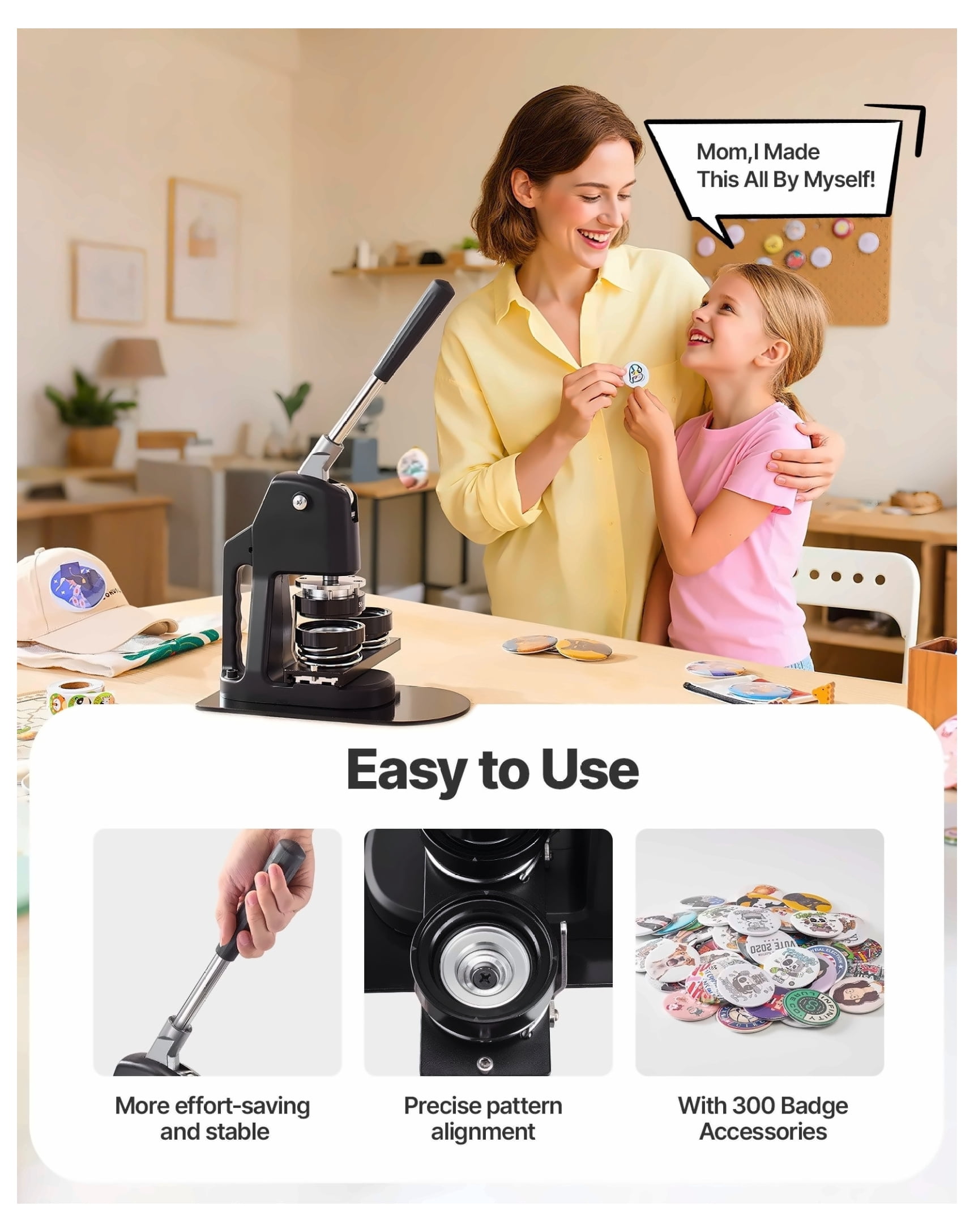 Button Maker Machine 3-in-1, 1.26/2.28/2.95 inch Pin Maker Kit with 300 Parts, Cutter & Book for DIY Badges, Personalized Pins - Black