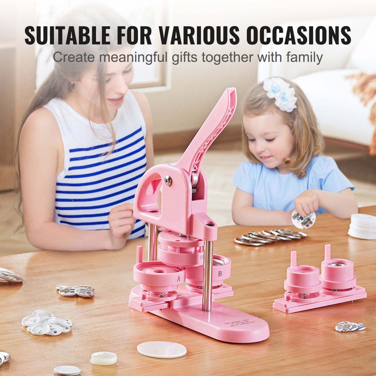 Button Maker Machine, 3-in-1 Pin Maker Kit 25/32/58mm, 300pcs Parts, DIY Badge Maker for Kids Crafts, Panda Magic Book, Pink