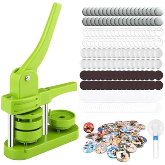 Button Maker Machine 58mm(2.25in) with 50 Sets Buttons & 50 Sets Fridge Magnets, Pin Maker Press Machine for Photo Picture Memorial Buttons Custom Brooch Badge, Green$$Art & Craft