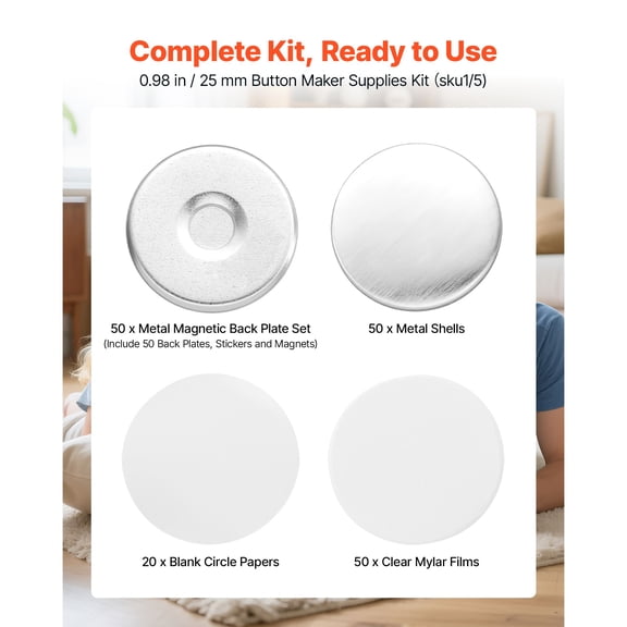Button Maker Supplies 50 Sets 0.98 in / 25 mm Refrigerator Magnets, Button Parts with Magnetic Backs, Metal Shells, Clear Mylar Films, and Blank Circle Papers, for Home DIY and Kitchen Decor