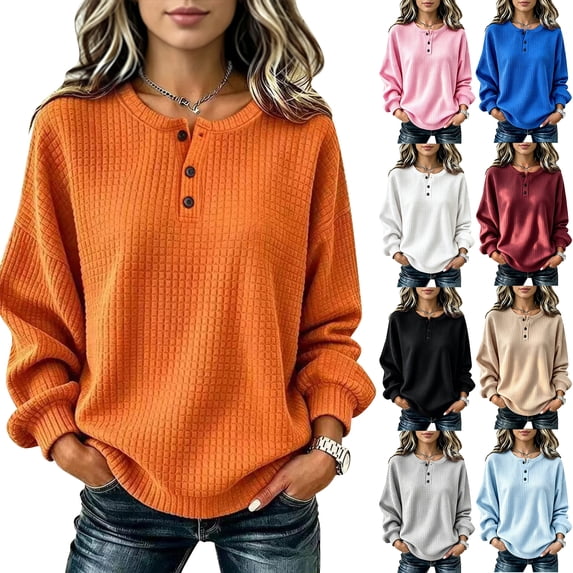Button Neck Waffle Knit Top for Women Long Sleeve Henley Neck Loose Fit Knit Pullover Sweater Top Casual Basic Spring Fall
