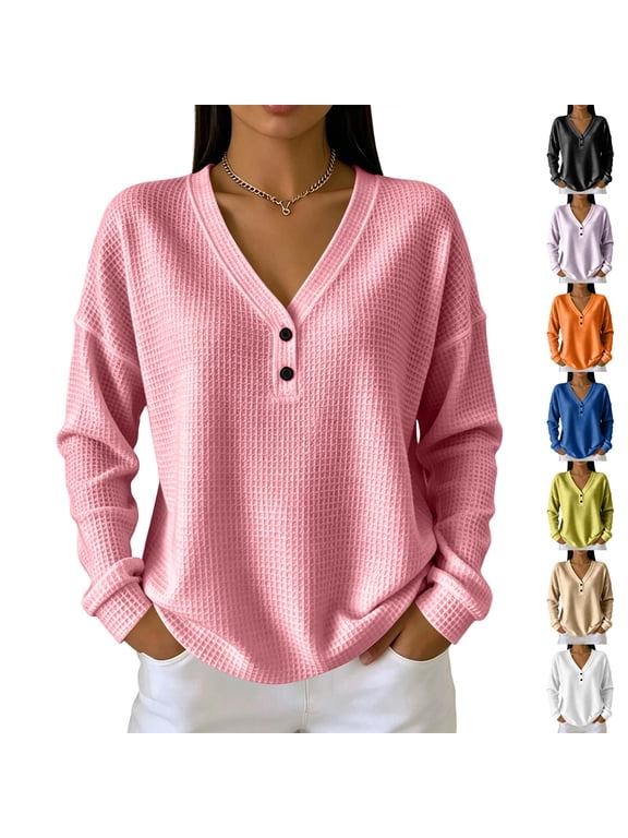 Button Neck Waffle Knit Top for Women Long Sleeve Henley Neck Loose Fit Knit Pullover Sweater Top Casual Basic Spring Fall
