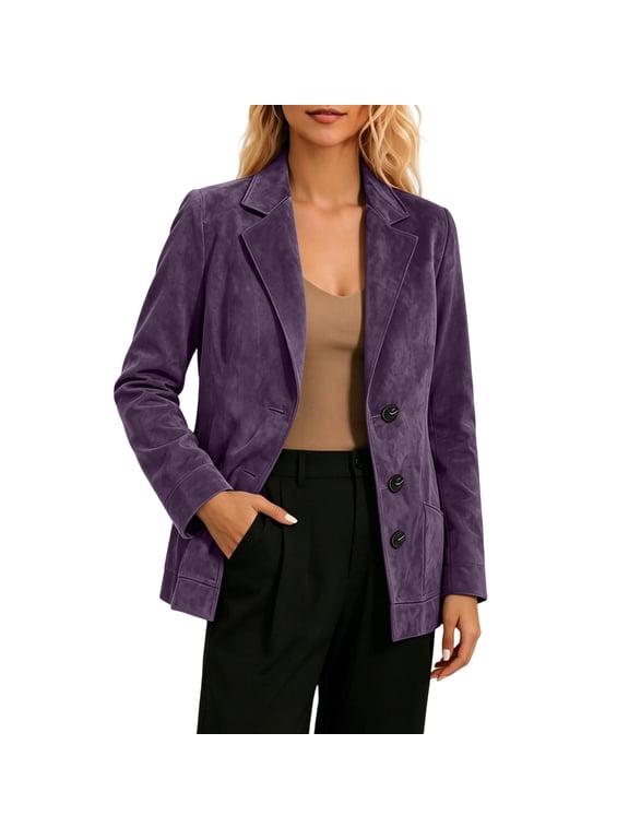 Button Notch Lapel Suede Blazer Jacket for Women Business Office Outerwear Spring Fall Daily Wear Long Sleeve Side Pocket S-3XL