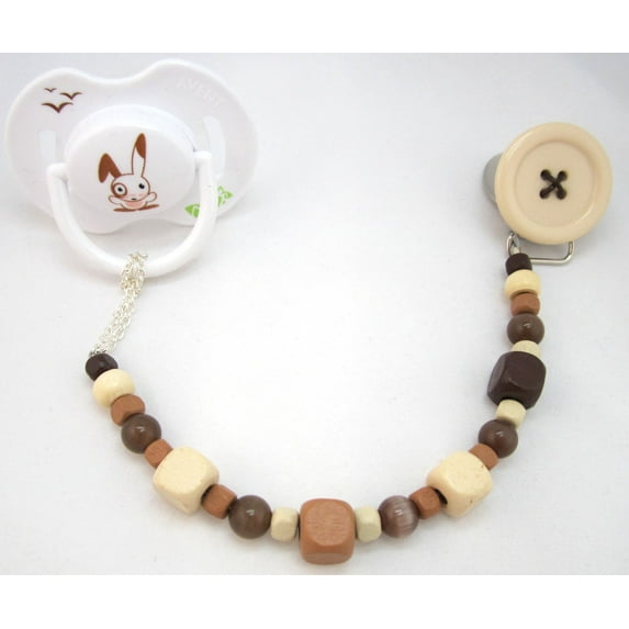 Button Pacifier Clip with Adorable Wooden Beads