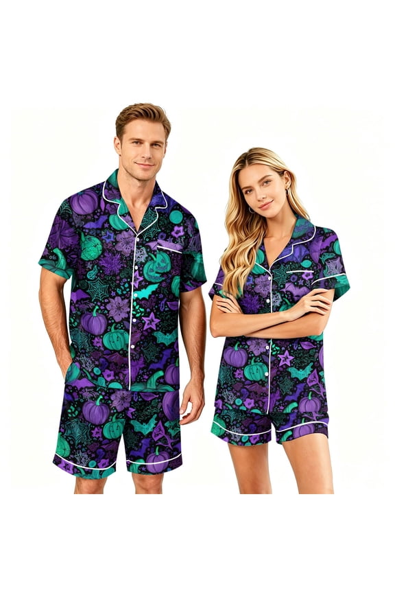 Button Up Pajamas Halloween Couple Pajamas Matching Sets Matching Halloween Pajamas Halloween Pj Set Spooky Pajamas Women Matching Couples Pajama Set Short Sleeve Button Top Shorts, Green, S