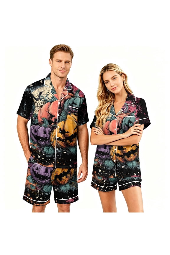 Button Up Pajamas Halloween Couple Pajamas Matching Sets Matching Halloween Pajamas Halloween Pj Set Spooky Pajamas Women Matching Couples Pajama Set Short Sleeve Button Top Shorts, Yellow, S