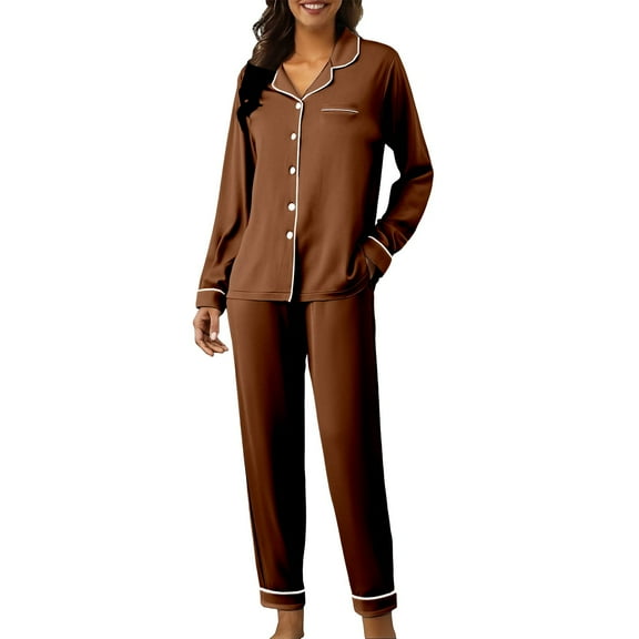 Button Down Pajamas Women, Audhol Cute Pajama Sets for Women Long Sleeve Sleepwear Button Loungewear Soft 2 Piece Set with Pockets Long Pants Fall Pajamas for Women Brown S