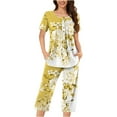 thumbnail image 1 of Button up Pajamas for Women New Women's Short Sleeve Pajama Set 2 Piece Summer Sleep Set Floral Print Button Crew Neck Capris Pant Pjs Sets Pajamas for Women Set Yellow XL, 1 of 5