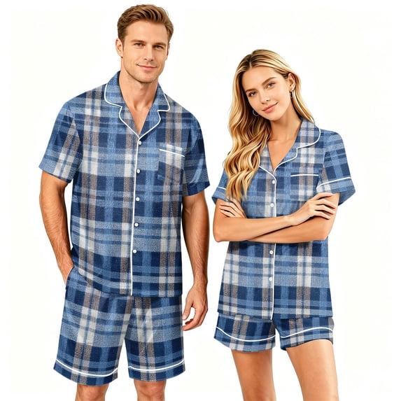 Button Up Pajamas for Women Mens Pajamas Set Shorts Men's Pajama Sets Matching Pajamas for Couples Matching Pajamas Set for Couples Plaid Button Down Soft Cooling Sleepwear Pockets Women Men, XL