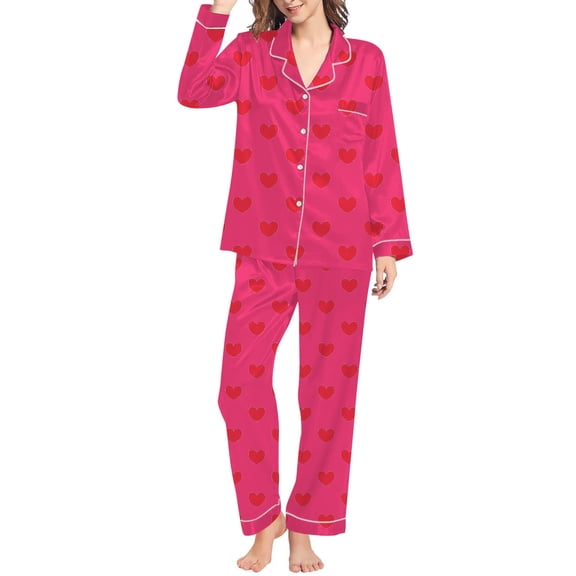 Button Up Pajamas For Women Set Casual Cozy Loose Cardigan Heart Print Collar Long Sleeve Button Up Loungewear Soft Two Piece Holiday Sleepwear With Pockets Hot Pink XXL