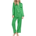 thumbnail image 1 of Button Up Pajamas for Women Set Silk Satin Button Solid Color Print Long Sleeve Top And Pant Pj Set Soft Loungewear Two Piece Holiday Sleepwear Sets Green M, 1 of 7