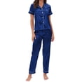 thumbnail image 1 of Button Up Pajamas for Women Set Silk Satin Button Solid Color Print Short Sleeve Top And Pant Pj Set Soft Sleepwear 2 Piece Outfits Loungewear Sets Blue M, 1 of 4