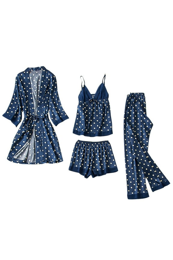 Button Pajamas Women Women Satin Silk Pajamas Set Cardigan Nightdress Bathrobe Robes Underwear Sleepwear 4pc Suit Soft Pajama Set for Women Blue XL