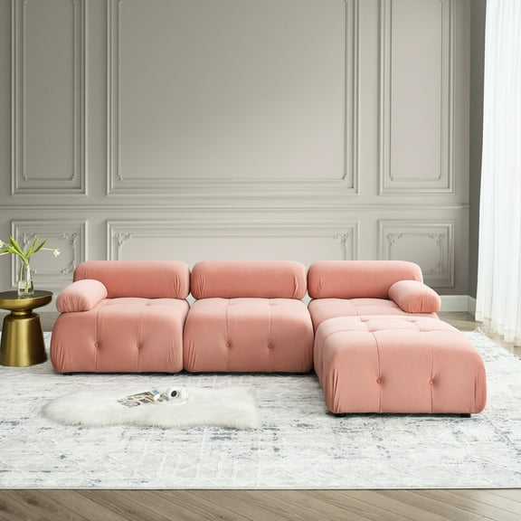 Button Pink Velvet Sectional, Eucalyptus Wood Frame, Reversible For A Practical And Chic Seating Solution Added Comfort Style