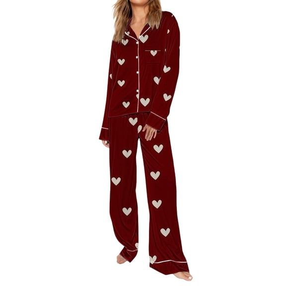 Button Up Pjs for Women Set, Hugcore Valentines for Women Heart Plus Size Sets Galentines Long Sleeve Bow Vday Two Piece Lounge Set for Women Brick Red, 2XL