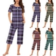 thumbnail image 1 of Button Down Plaid Pajama Set for Women Short Sleeve Crew Neck Blouses Capri Pants with Pockets Soft Comfy Lightweight Casual Sleepwear Summer Home Two Piece Loungewear, 1 of 7